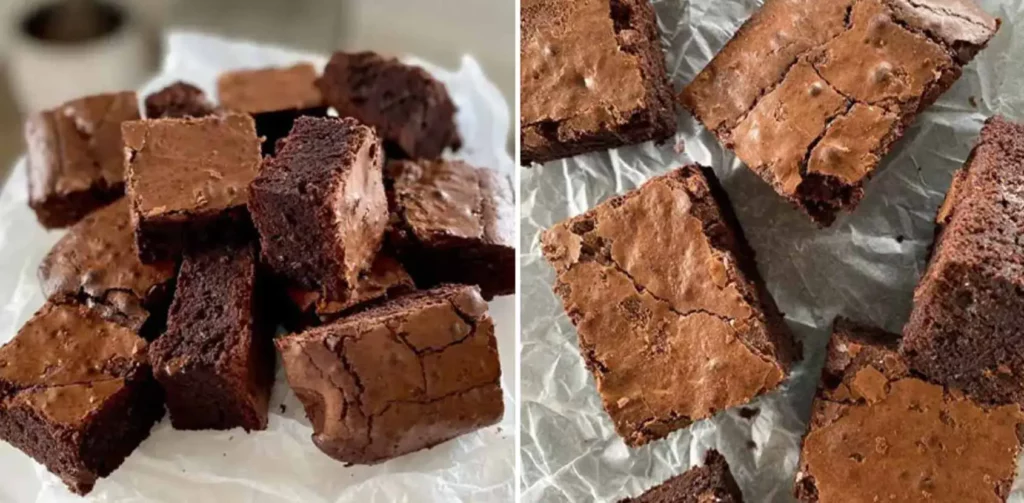 Super fudgy brownies in een collage van twee foto's
