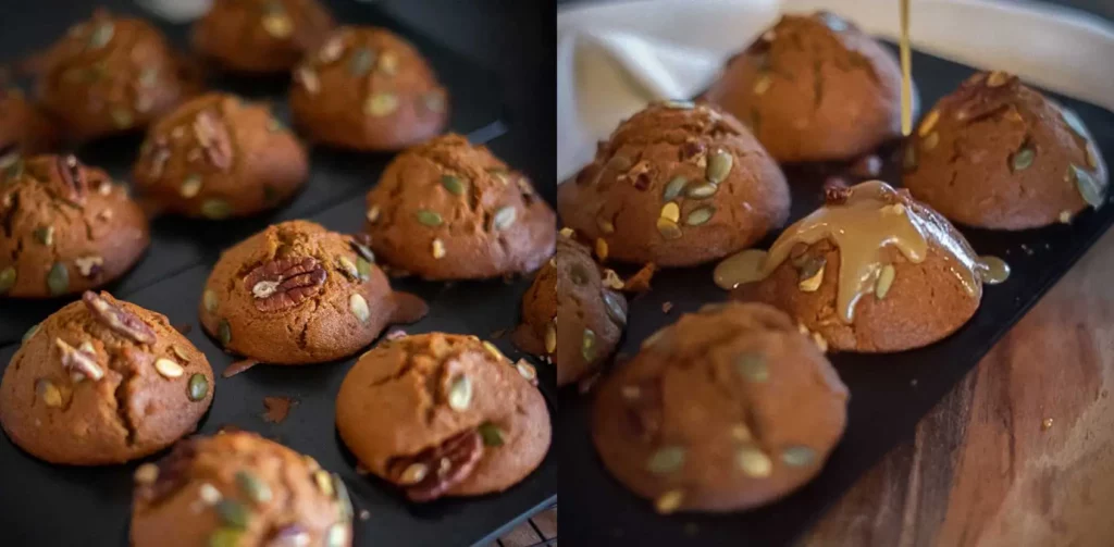 Pompoen muffins met gezouten karamel in een collage van twee foto's